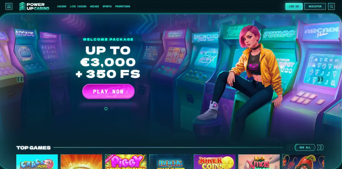 Herní lobby Power Up Casino s přehledem automatů a uvítacím bonusem