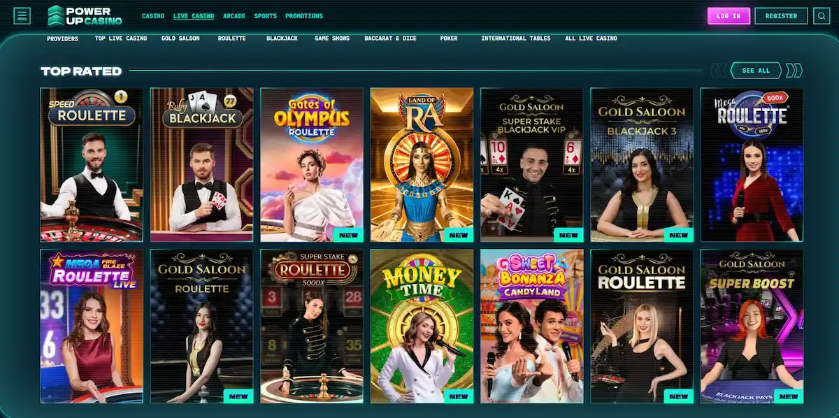 Přehled živého kasina Power Up Casino se stoly a krupiéry