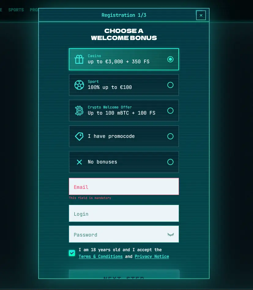 Registrační formulář Power Up Casino se třemi kroky