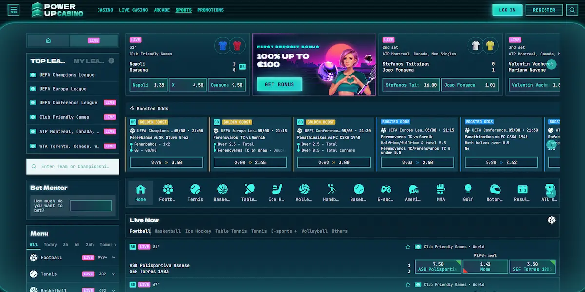 Sportovní sázková nabídka Power Up Casino s live zápasy